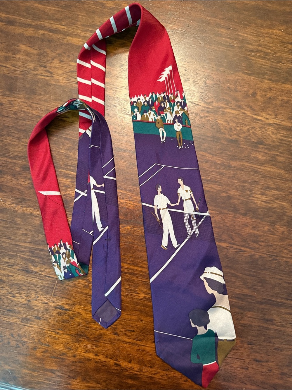 Vintage Nino Cerruti Tennis Scene Silk Tie in Red & Purple